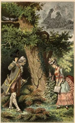 Volkslied: „Gehen wir in diesen charmanten kleinen Wald“. Illustration von Frederic Theodore Lix (1830-1897) in „Chansons et rondes enfantines des provinces de la France“