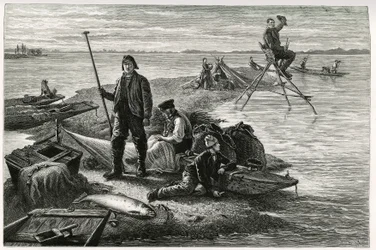 Lachsfang. Gravur von F. Lix, zur Illustration der Geschichte „Durch Elsass und Lothringen“ von Charles Grad (1842-1890), veröffentlicht in Le Tour du monde, 2. Semester 1885