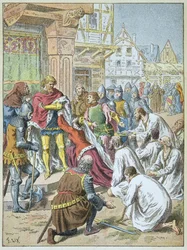 Belagerung von Calais durch Edward III. 1346 - 1347. Königin Philippa von Hennegau bat ihren Bräutigam, den Bürgern von Calais Gnade zu gewähren.