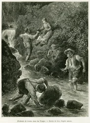 Forellenfischer in den Vogesen. Gravur von Lix zur Illustration der Geschichte „Durch Elsass und Lothringen“ von Charles Grad, veröffentlicht in Le Tour du monde 1887