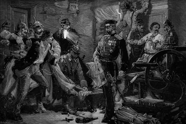 Polizeirazzia in einer nihilistischen Druckerei in Russland