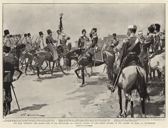 Der Zar beobachtet den Vorbeimarsch seiner Leibgarde (2. Kosaken-Garde) bei der Frühjahrsparade auf dem Marsfeld, St. Petersburg