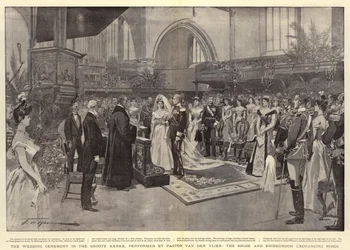 Die Hochzeitszeremonie in der Groote Kerke, durchgeführt von Pastor Van der Vlier, die Braut und der Bräutigam tauschen Ringe