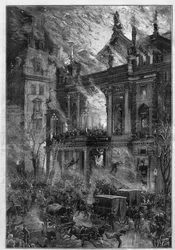 Der Brand des Wiener Ringtheaters in Wien (Österreich) am 5. Dezember 1881. Stich von De Haenen in „Le Monde Illustré“, Nr. 1291 vom 24. Dezember 1881.