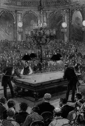 Das große internationale Billardspiel zwischen Herrn Slosson, amerikanischer Meister, und Herrn Vignaux, französischer Meister, im Zodiaque-Saal des Grand Hôtel de Paris