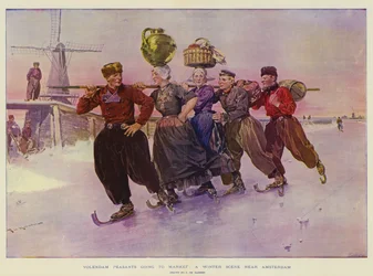 Volendamer Bauern auf dem Weg zum Markt, eine Winterszene in der Nähe von Amsterdam
