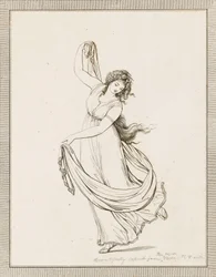Emma, Lady Hamilton, in einer klassischen Pose, tanzend und auf ihrem rechten Fuß balancierend
