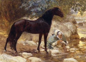 Ein Araber tränkt sein Pferd an einem Fluss, um 1890-1900