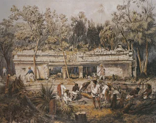Die Archäologen Frederick Catherwood und John Lloyd Stephens vermessen den Tempel von Tulum, Yucatan, Mexiko, Illustration aus 