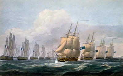 Kapitän Beresford in der HMS Theseus führt sein Geschwader von Schiffen aus 