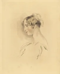 Porträt von Mary Isabella Bloxam als junge Frau, Nichte von Sir Thomas Lawrence. Mit hochgestecktem und gelocktem Haar, in einem schulterfreien Kleid. Gravur von Frederick Christian Lewis nach einer Illustration von Sir Thomas Lawrence aus P.G. Patmore