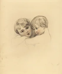 Porträt der Calmeady-Kinder in einer Umarmung. Handkolorierte Gravur von Frederick Christian Lewis nach einer Illustration von Sir Thomas Lawrence aus P.G. Patmore