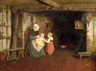 Erwartung: Innenraum einer Hütte mit Mutter und Kindern, 1854