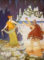 Kalypso verabschiedete sich von ihm am Strand
