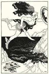 Perseus flog vorsichtig nach unten und hielt dabei seine Augen auf Medusas Gesicht, wie es sich in seinem Schild spiegelte