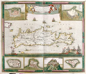 Karte der Insel Kreta mit Ansichten der befestigten Städte La Cane und Heraklion und der Festungen von Spinalonga, Retino, Thine und Souda