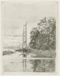 Flusslandschaft mit zwei Schiffen und einem Boot