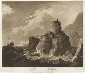 Schloss an der Felsküste und Schiffe im Sturm auf See