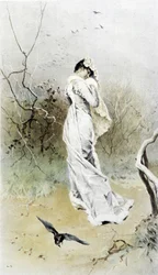 Frau im Wald - Allegorie des Frühwinters, Kalender illustriert von Hubert Dys, gemalt von F.H. Kaemmerer