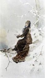 Frau im Schnee: Allegorie des Winters, Kalender illustriert von Hubert Dys, gemalt von F.H. Kaemmerer