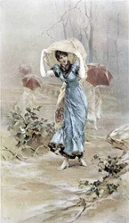 Frau, die sich vor dem Regen schützt - Allegorie des frühen Herbstes, Kalender illustriert von Hubert Dys