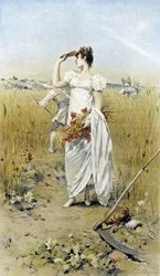 Frau mit Weizen und Mohn - Spät-Sommer Allegorie, Kalender illustriert von Hubert Dys
