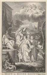 Minerva und die Künste vor einer thronenden Figur (Titelblatt für: Das große Natur- und Sittenkundliche Welttheater, Delft, R. Boitet, 1743)