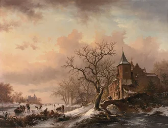 Schloss in einer Winterlandschaft und Schlittschuhläufer auf einem zugefrorenen Fluss