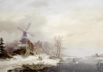 Winter landschap met gehucht, windmolen en figuren