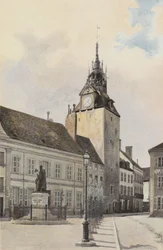 Beaune, Glockenturm und Statue von G. Monge