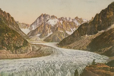 Landschaftsansicht von Bergen und Gletscher. Postkarte gesendet im Jahr 1913