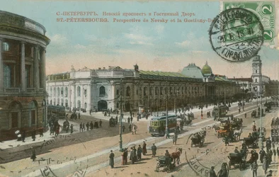 St. Petersburg - Nevsky Prospect und Gostiny Dvor Kaufhaus. Französische Postkarte gesendet im Jahr 1913