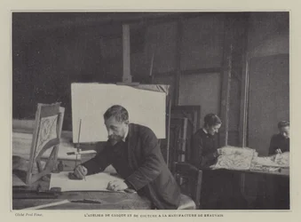 Zeichen- und Nähwerkstatt in der Beauvais-Teppichmanufaktur, Frankreich