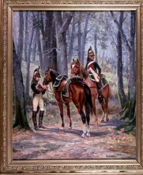 2 Reiter der 8. Drachen, als Späher unterwegs, Gemälde 65 x 58 cm, Öl auf Leinwand von De Villeneuve, Militärmaler Ende 19. Jahrhundert
