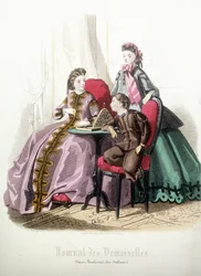 2 Frauen und ein Junge: Mode - in „Magazine des damoiselles“, Dezember 1864