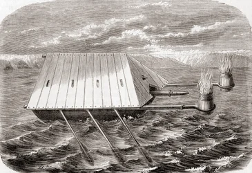 Ein griechisches Feuerschiff, nach einer Zeichnung in einem lateinischen Manuskript aus dem 13. Jahrhundert, aus „Les Merveilles de la Science“, veröffentlicht ca. 1870 (Gravur)