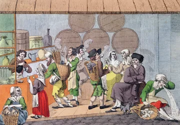 Ein Treffen von Künstlern, Mudscrapers und Lumpenhändlern, Karikatur eines beliebten Cafés im Palais Royal in Paris, ca. 1800