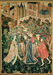 Ein Edelmann begrüßt eine Dame mit seinen Dienern, Arras