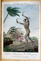 Ein Payaguas-Indianer-Schamane versucht, einen Hurrikan abzuwehren, Paraguay, 1811