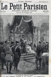 Ein Vorschlag zur allgemeinen Abrüstung (an die europäischen Mächte gerichtet) - Zar Nikolaus II. (1868-1918) liest seinen Erlass seinen Beratern vor. Le Petit Parisien
