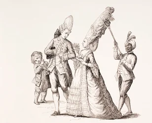 Eine Satire auf die extremen Frisuren der Frauen im 18. Jahrhundert in Paris, 1875