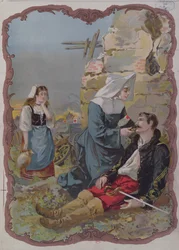 Eine Schwester hilft einem verletzten Soldaten während des Krieges von 1870, 1895