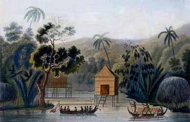 Ein Geisterhaus auf Stelzen im Offak-Hafen, Waigou-Insel, aus Voyage autour du Monde sur la Corvette Coquille von Leutnant Louis Isodore Duperrey, 1826