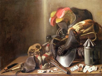 Vanitas-Stillleben mit einem Schädel, Spielkarten und Rüstung