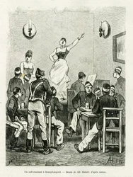 Ein Café singend in Bourg Leopold. Gravur von A.Hubert zur Illustration der Geschichte La Belgique, von Camille Lemonnier, in le tour du monde 1886, herausgegeben von Edouard Charton (1807-1890), Hachette, Paris