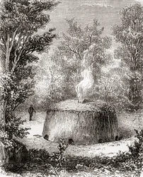 Ein Holzkohlemeiler im Wald, nach einer Zeichnung aus dem 19. Jahrhundert, aus Les Merveilles de la Science, veröffentlicht um 1870 (Gravur)