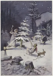 Ein Cherub schwingt eine Axt, während er einen Weihnachtsbaum fällt