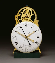 Nahaufnahme des Zifferblatts und des Uhrwerks eines Louis XVI Ormolu- und patinierten Bronze-Mahagoni-Standregulators mit Jahreskalender und Zeitgleichung, ca. 1790
