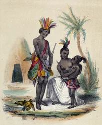 Eine Familie kanadischer Indianer vor ihren Tipis; Illustration zu Kanada in „Die zwölf Nationen“ von M. E. Fouinet