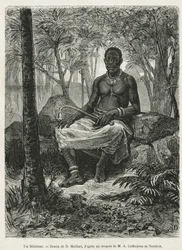 Ein Fetischist, Zauberer, der die magische Kraft von Fetischen nutzen kann, Zeichnung von D. Maillart, zur Illustration der Geschichte einer Reise nach Gabun und zum Ogoué-Fluss, 1875-1877, von Alfred Marche. Gravur in Le tour du monde